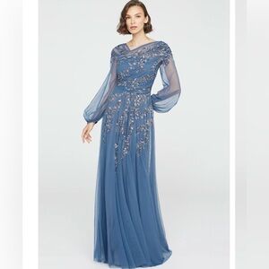 Theia Wilma Blue Bishop Sleeve Beaded Gown